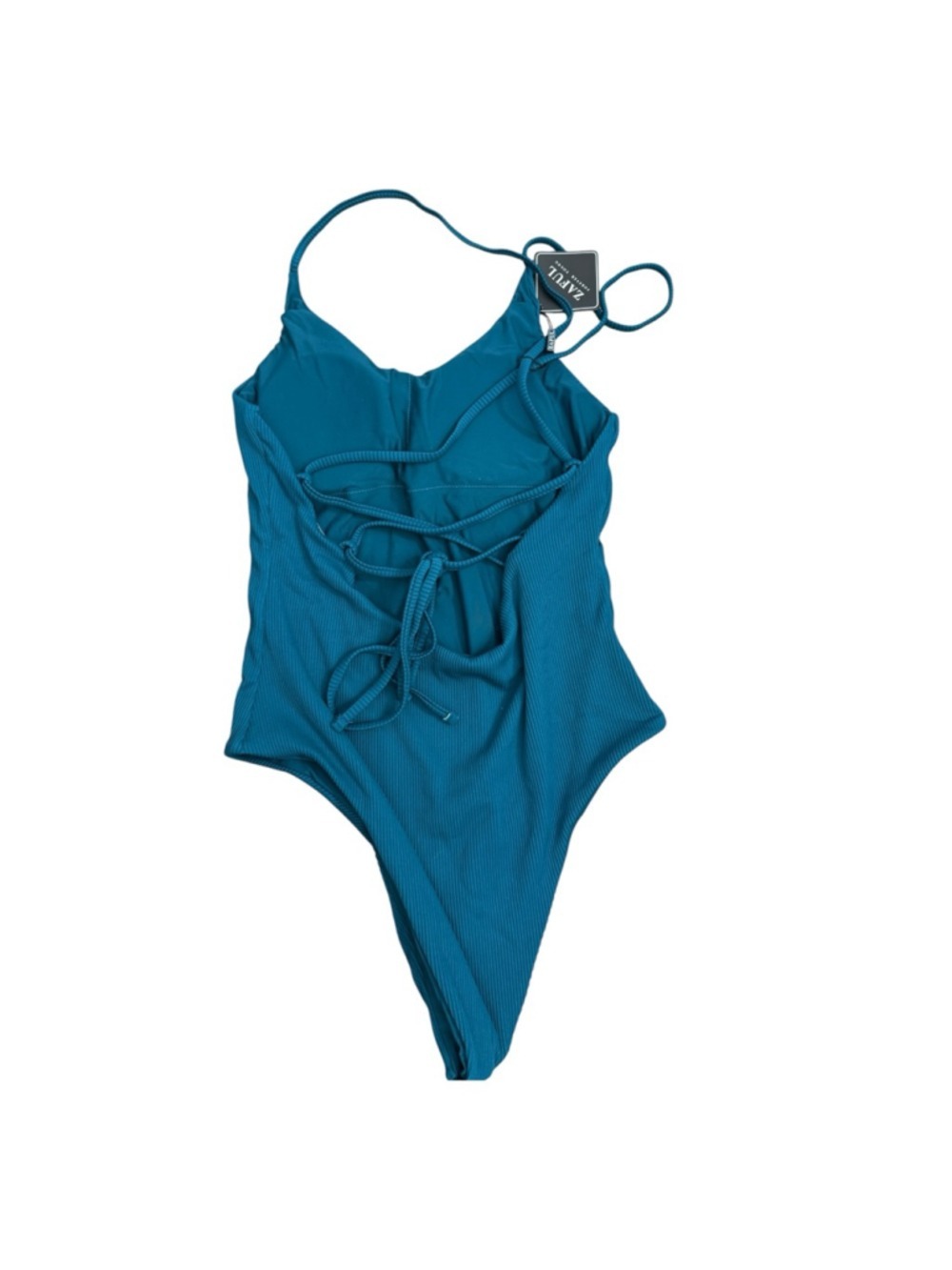 Zaful Ribbed Teal One Piece Swimsuit Lace Up Back Slimming Fit Size L NWT - Picture 5 of 6